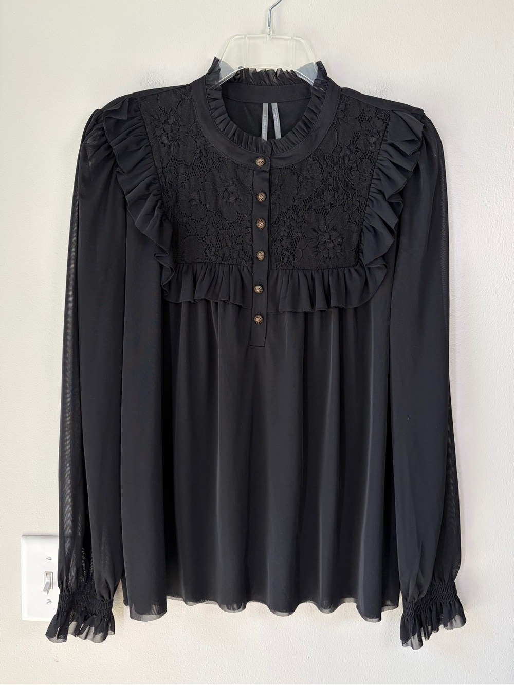 By Anthropologie Black Victorian Mesh Ruffle Trim Blouse Whimsigoth Prairie